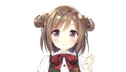  1girl black_vest blush bow bowtie brown_hair buttons closed_mouth corrected_aspect_ratio dot_nose double_bun emblem flower_hairclip game_asset hair_bun hair_ornament hairclip hand_up highres looking_at_viewer marikawa_kumi non-web_source official_art plaid_bow plaid_bowtie plaid_clothes red_bow red_bowtie resized school_star_dream! school_uniform self-datamine short_hair simple_background smile solo swept_bangs transparent_background upper_body vest 