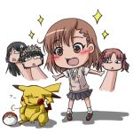  1other 4girls animal ascii_media_works blush brown_eyes brown_hair chibi creatures_(company) crossover dengeki_bunko game_freak girl human j.c._staff kujirano misaka_mikoto mosue multiple_girls nintendo olm_digital pikachu poke_ball pokemon pokemon_(creature) pokemon_rgby power_connection saten_ruiko school_uniform shirai_kuroko short_hair sweater_vest to_aru_kagaku_no_railgun to_aru_majutsu_no_index tokyo_mx tv_tokyo uiharu_kazari 