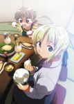  ahoge blonde_hair brown_eyes brown_hair chopsticks eating face fate/stay_night fate_(series) food fujimura_taiga green_eyes hungry looking_up rice saber sitting table watarai_keiji 