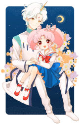  1boy 1girl abntyo absurdres animal_on_head bishoujo_senshi_sailor_moon bow cat cat_on_head chibi_usa commentary_request crescent_moon diana_(sailor_moon) earrings flower heart helios_(sailor_moon) highres horns jewelry moon on_head open_mouth orange_eyes orange_flower pink_hair purple_flower red_bow red_eyes single_horn sitting sitting_on_lap sitting_on_person skirt smile suspender_skirt suspenders twintails white_flower white_hair 
