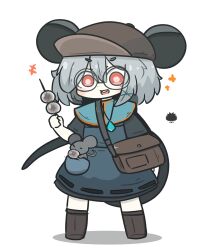  +++ 1girl :d animal_ears black_boots black_shirt blue_capelet blue_dress boots brown_hat capelet commentary_request dango dress flat_cap food glasses grey_hair hair_between_eyes hat highres holding holding_food mouse_ears mouse_girl mouse_tail nazrin red_eyes round_eyewear sea_urchin shadow shirt short_eyebrows short_sleeves simple_background smile solo sparkle tail teeth thick_eyebrows touhou uni_souchou upper_teeth_only v-shaped_eyebrows wagashi white_background 