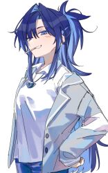  1girl blue_eyes blue_hair blue_pants colored_inner_hair commentary cowboy_shot grey_jacket grin hair_intakes hand_on_own_hip heart_pendant highres hololive hololive_english jacket long_hair long_sleeves looking_at_viewer mouth_hold multicolored_hair open_clothes open_jacket ouro_kronii pants ponytail shirt short_ponytail simple_background smile solo two-tone_hair very_long_hair virtual_youtuber white_background white_shirt wing_collar yori_171018 