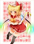  bad_id bell blonde_hair blush cat_ears cat_tail flandre_scarlet glowing hat jingle_bell kemonomimi_mode naka_marimo red_eyes ribbon school_uniform short_hair side_ponytail tail tail_bell thigh-highs thighhighs touhou wings 