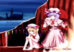  barefoot bat_wings blonde_hair chipika cupping_glass engrish flandre_scarlet hat multiple_girls ponytail ranguage red_eyes remilia_scarlet short_hair siblings side_ponytail sisters touhou wings 