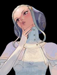  1girl arm_up black_background commentary escoffion fingerless_gloves fingernails gloves hairpods head_tilt highres ingrid_(capcom) ingrid_(midnight_bliss)_(capcom) lips parted_lips red_eyes rygge solo street_fighter street_fighter_6 turtleneck_capelet upper_body white_gloves 