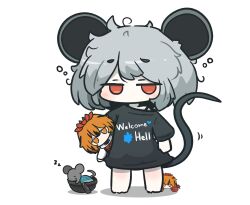  1girl animal animal_ears animalization barefoot basket black_hair black_shirt carrying carrying_under_arm character_doll chibi clothes_writing commentary_request crab doll english_text grey_hair highres jitome long_sleeves messy_hair mouse_(animal) mouse_ears mouse_girl mouse_tail multicolored_hair nazrin orange_eyes orange_hair red_eyes shadow shirt simple_background streaked_hair tail toramaru_shou touhou uni_souchou white_background 
