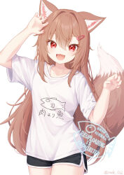  1girl animal_ear_fluff animal_ears black_shorts breasts brown_hair commentary dolphin_shorts fangs hair_intakes hair_ornament hairclip highres kokori_(rade_(rade_552)) long_hair looking_at_viewer original rade_(rade_552) red_eyes shirt short_shorts short_sleeves shorts simple_background small_breasts smile solo tail untranslatable_commentary white_background white_shirt wolf_ears wolf_girl wolf_tail 