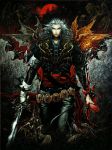  castle castlevania castlevania:_curse_of_darkness demon hector_(castlevania) highres kojima_ayami monster moon official_art red_moon scales silver_hair skull sword traditional_media weapon wings 