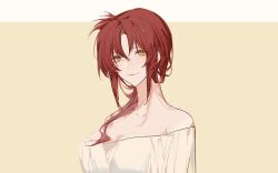  1girl breasts casual closed_mouth commentary_request highres honkai_(series) honkai_impact_3rd humidifier_xd large_breasts looking_at_viewer murata_himeko red_hair shirt simple_background solo upper_body yellow_background yellow_eyes yellow_shirt 