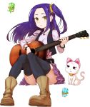  1girl boots cat guitar hummy_(suite_precure) instrument kurokawa_eren long_hair minatsuki_randoseru precure purple_hair skirt solo suite_precure vest wristband yellow_eyes 