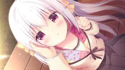  1girl bench black_ribbon black_skirt blush bow collarbone dutch_angle game_asset hair_between_eyes hair_bow hand_on_another's_cheek hand_on_another's_face inae_koron koi_ni_kanmi_o_soete long_hair long_sleeves looking_at_viewer miyasaka_miyu miyasaka_naco out_of_frame park_bench parted_lips pleated_skirt pov pov_hands red_eyes ribbon shirt sitting skirt solo_focus very_long_hair white_hair yellow_bow 