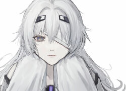  1girl absurdres bandage_over_one_eye bare_shoulders closed_mouth collarbone commentary_request gi_ra1 grey_eyes grey_hair hair_intakes hands_up highres long_hair long_sleeves looking_at_viewer no._21:_xxi_(pgr) no._21_(pgr) one_eye_covered portrait punishing:_gray_raven simple_background sleeves_past_fingers sleeves_past_wrists solo white_background 