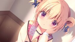  1girl :o blonde_hair blue_bow blush bow double_bun dutch_angle game_asset hair_between_eyes hair_bow hair_bun hand_on_another's_cheek hand_on_another's_face hoshigaoka_ciel indoors koi_ni_kanmi_o_soete long_sleeves looking_at_viewer miyasaka_miyu miyasaka_naco parted_lips plaid_bow pov pov_hands short_hair solo_focus violet_eyes 