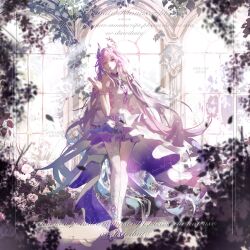  1girl absurdres aqua_hair breasts chinese_commentary commentary_request commission cyrene_(demiurge)_(honkai:_star_rail) cyrene_(honkai:_star_rail) dress flower gaga_jiang hair_flower hair_ornament high_heels highres honkai:_star_rail honkai_(series) long_hair looking_at_viewer medium_breasts multicolored_hair pink_hair pointy_ears solo thigh-highs two-tone_hair very_long_hair violet_eyes white_dress white_thighhighs 
