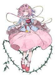  1girl black_hairband blue_shirt blush buttons collared_shirt commentary disembodied_linked_eye eyeball floral_print frilled_shirt_collar frilled_sleeves frills full_body hair_ornament hairband heart heart_button heart_hair_ornament highres kararage_tsune komeiji_satori long_sleeves looking_at_viewer one_eye_closed pink_eyes pink_hair pink_skirt pink_slippers plant print_skirt ribbon-trimmed_collar ribbon_trim rose_print shirt simple_background skirt slippers socks solo touhou vines white_background white_socks wide_sleeves 