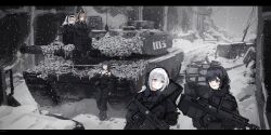  5girls absurdres anti-materiel_rifle black_coat coat gun headphones highres military_uniform military_vehicle motor_vehicle multiple_girls original renakohii rifle sniper_rifle snowing tank weapon 