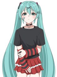  1girl alternate_costume aqua_eyes aqua_hair bandaid bandaid_on_face black_bra black_choker black_shirt blush bra choker collarbone cowboy_shot cross detached_sleeves double-parted_bangs frown hair_between_eyes hair_ornament hairclip hatsune_miku highres jewelry kaneko_2019 layered_skirt long_hair looking_at_viewer plaid_clothes plaid_skirt pleated_skirt red_skirt ring shirt short_sleeves sidelocks simple_background skirt solo standing thighs twintails underwear very_long_hair vocaloid white_background 