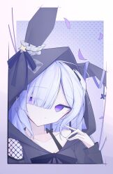  1girl absurdres alternate_costume animal_hood black_hood black_hoodie border closed_mouth collarbone commentary_request gradient_background hair_ornament hair_over_one_eye highres hood hoodie icetreset873 long_hair long_sleeves looking_at_viewer mahou_shoujo_no_majo_saiban natsume_an-an portrait rabbit_hood solo violet_eyes white_border white_hair 