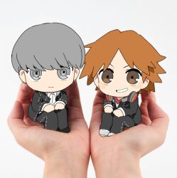  2boys black_jacket black_pants brown_eyes brown_hair chibi closed_mouth commentary_request full_body grey_eyes grey_hair hanamura_yousuke hands_on_own_knees headphones headphones_around_neck holding holding_mini_person in_palm jacket knees_up korean_commentary long_sleeves looking_at_viewer male_focus mini_person miniboy multiple_boys narukami_yu nt_26 out_of_frame pants person_on_hand persona persona_4 photo_background pov pov_hands school_uniform shoes short_hair simple_background sitting smile white_background yasogami_school_uniform 