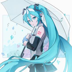  1girl absurdres aqua_eyes aqua_hair aqua_nails aqua_necktie aqua_trim bare_shoulders black_skirt black_sleeves character_name_tattoo collar commentary_request detached_sleeves earpiece fingernails from_side grey_shirt hair_between_eyes hair_ornament hatsune_miku hatsune_miku_(vocaloid6) heart heart_hair_ornament highres holding holding_umbrella long_hair looking_at_viewer nail_polish necktie number_tattoo parted_lips pleated_skirt shirt shoulder_tattoo skirt sleeveless sleeveless_shirt solo tattoo transparent transparent_umbrella twintails umbrella very_long_hair vocaloid white_collar wing_collar yatsumeron 