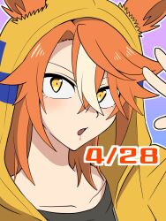  1girl animal_ears arm_up black_shirt blue_background collarbone commentary_request dated dicta_striker_(umamusume) ears_through_headwear eyebrows_hidden_by_hair gradient_background highres ho_1000_ka hood hood_up hooded_jacket horse_ears jacket looking_at_viewer multicolored_hair orange_hair outline parted_lips portrait purple_background shirt solo streaked_hair umamusume umamusume:_cinderella_gray white_hair white_outline yellow_eyes yellow_jacket 