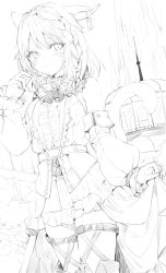  1girl animal_ears bare_shoulders belt belt_buckle blush braid buckle cat_ears closed_mouth commentary_request detached_sleeves facial_mark final_fantasy final_fantasy_xiv greyscale looking_at_viewer medium_hair miqo'te momoko_(momopoco) monochrome sketch smile solo standing whisker_markings 