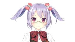  1girl black_vest blush bow bow_flower bowtie buttons closed_mouth corrected_aspect_ratio dot_nose emblem flower fuyuki_yuka game_asset glasses green-framed_eyewear hair_bow highres looking_at_viewer non-web_source official_art pink_bow plaid_bow plaid_bowtie plaid_clothes portrait purple_hair red_bow red_bowtie resized school_star_dream! school_uniform self-datamine semi-rimless_eyewear shirt short_hair short_twintails simple_background solo transparent_background twintails under-rim_eyewear vest violet_eyes white_flower white_shirt 