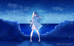  1girl backlighting barefoot belt black_shoes blue_eyes blue_hair blue_neckerchief blue_sky blue_theme clouds commentary_request dress hand_up highres horizon long_hair looking_at_viewer myusha neckerchief night ocean official_art original pleated_dress ruins sailor_collar school_uniform shoes short_sleeves sky socks solo star_(sky) starry_sky toes water white_belt white_dress white_sailor_collar white_socks 