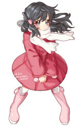  1girl absurdres black_hair boots closed_mouth coat commentary_request eyelashes floating_hair floating_scarf full_body godouyu_(neisukun) grey_eyes hair_ornament hairclip highres hikari_(pokemon) knees legs_apart long_hair long_sleeves own_hands_together pink_boots pokemon pokemon_diamond/pearl/platinum pokemon_platinum scarf sidelocks simple_background solo standing thigh-highs white_background white_scarf white_thighhighs 