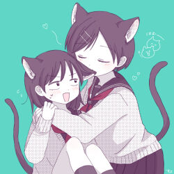  2girls animal_ears blue_background blush cat_ears cat_girl cat_tail chibi commentary_request futsuu_no_keion-bu hatono_chihiro hug kissing_head kouyama_rin medium_hair multiple_girls neck_ribbon pleated_skirt red_ribbon ribbon school_uniform serafuku skirt sweater tail user_tzfu4245 white_serafuku 