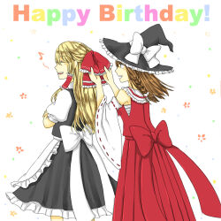  2girls alternate_hairstyle apron back_bow black_skirt black_vest blonde_hair borrowed_clothes borrowed_hairstyle bow braid brown_hair chest_sarashi commentary_request crossed_arms english_text frilled_bow frilled_hair_tubes frills hair_bow hair_tubes hakurei_reimu happy_birthday hat hat_bow kirisame_marisa long_hair mangetsu_(yayoi) multiple_girls pleated_skirt red_bow red_skirt sarashi side_braid single_braid skirt skirt_set touhou vest waist_apron white_apron white_bow witch_hat 