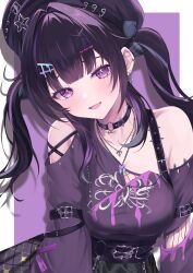  1girl absurdres black_hair blush border breasts choker clothing_cutout commentary earclip earrings hat highres jewelry large_breasts looking_at_viewer mole mole_on_breast multicolored_hair nijisanji o-ring o-ring_choker open_mouth outside_border purple_background purple_hair quad_tails rqw_teq1 senri_ayumu shoulder_cutout single_off_shoulder smile solo streaked_hair untranslatable_commentary violet_eyes virtual_youtuber white_border 