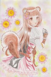  1girl abstract_background alternate_eye_color animal_ear_fluff animal_ears armor belt black_dress black_gloves blunt_bangs breastplate brown_belt brown_eyes brown_gloves brown_hair commentary_request cowboy_shot dress elbow_gloves floral_background flower frilled_dress frills from_side gloves green_background grey_armor hand_up high_collar layered_dress long_hair looking_at_viewer looking_to_the_side mamin76213013 metal_arm_cuffs metal_wrist_cuffs multicolored_gloves paid_reward_available painting_(medium) parted_lips pink_background pink_flower pinstripe_dress pinstripe_pattern raccoon_ears raccoon_girl raccoon_tail raphtalia red_dress short_dress sleeveless sleeveless_dress solo straight_hair tail tanuki tate_no_yuusha_no_nariagari traditional_media two-tone_dress two-tone_gloves watercolor_(medium) white_background white_dress yellow_background 