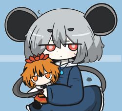  1girl animal_ears blue_background blue_dress brown_hair character_doll chibi closed_mouth commentary_request doll dress grey_hair hair_between_eyes highres jitome long_sleeves mouse_ears mouse_girl mouse_tail nazrin orange_eyes puffy_long_sleeves puffy_sleeves red_eyes sea_urchin short_eyebrows sleeves_past_wrists small_sweatdrop solo sweat tail thick_eyebrows toramaru_shou touhou uni_souchou 
