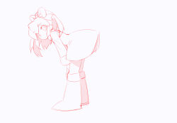 1girl android armored_boots bent_over black_sleeves boots capelet commentary_request dress hair_between_eyes hair_ribbon hands_on_own_legs high_ponytail joints jumping kaidou_zx knee_boots lineart long_hair long_sleeves looking_at_viewer mechanical_boots mega_man_(classic) mega_man_(series) open_mouth petticoat ponytail raised_eyebrows ribbon robot_girl robot_joints roll_(mega_man) short_dress sidelocks simple_background solo turtleneck white_background 