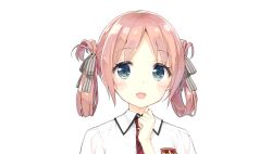  1girl :d blue_eyes blush corrected_aspect_ratio dot_nose emblem game_asset grey_ribbon hair_ribbon hair_rings hand_up highres looking_at_viewer necktie non-web_source official_art open_mouth parted_bangs pink_hair plaid_clothes plaid_necktie portrait red_necktie resized ribbon school_star_dream! school_uniform self-datamine shirt short_hair simple_background smile solo striped_ribbon transparent_background white_shirt yuki_sei 