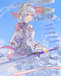  1girl ankii_illus blue_dress blue_eyes blue_hair blue_sky blunt_bangs blunt_sidelocks braid brown_hat commentary cowboy_shot dress english_commentary flower from_behind genshin_impact hair_flower hair_ornament hat highres holding holding_behind_back holding_sword holding_sword_behind_back holding_weapon holding_weapon_behind_back kamisato_ayaka kamisato_ayaka_(springbloom_missive) katana koinobori long_sleeves looking_at_viewer looking_back medium_hair official_alternate_costume parted_lips sidelocks sky solo sword vision_(genshin_impact) weapon white_sleeves windsock 