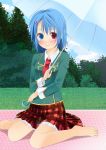  barefoot blue_eyes blush feet green_hair heterochromia nigou_(aozoragarou) picnic plaid red_eyes school_uniform smile tartan tatara_kogasa thigh-highs touhou umbrella 