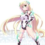  1girl angela_balzac blonde_hair breasts expelled_from_paradise green_eyes hands_on_hips headgear highres kazekawa_nagi leotard long_hair looking_at_viewer low_twintails smile solo twintails very_long_hair 