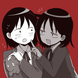  2girls ahoge bandaged_head bandages blazer blush collared_shirt commentary_request dual_persona finger_to_another's_cheek futsuu_no_keion-bu hatono_chihiro holding_chibi jacket medium_hair multiple_girls neck_ribbon red_background ribbon school_uniform self-doubt_animal_(futsuu_no_keion-bu) shirt user_tzfu4245 x_x 