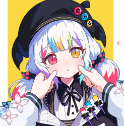  2girls black_hat blush closed_mouth hair_ornament hand_on_another's_cheek hand_on_another's_face hat heart heterochromia highres jogasaki_noah looking_at_another looking_at_viewer low_twintails mahou_shoujo_no_majo_saiban maomao_(kayoowo) multiple_girls paintbrush pov pov_hands sakuraba_ema simple_background twintails upper_body white_hair 