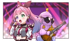  1girl 1other ahoge black_gloves black_panties black_shorts bow breasts chest_harness commentary_request cropped_shirt cropped_vest deformed earclip earrings fingerless_gloves gloves gradient_hair green_eyes grey_vest guitar hair_bow harness heterochromia high_ponytail highres himemori_luna himemori_luna_(streetwear) holding holding_microphone hololive instrument jacket jewelry letterman_jacket long_hair luknight_(himemori_luna) microphone multicolored_hair necktie official_alternate_costume official_alternate_hairstyle outside_border panties panty_straps pink_hair playing_guitar playing_instrument ponytail purple_hair raglan_sleeves red_jacket red_necktie scaffolding shirt shorts singing sleeveless sleeveless_shirt small_breasts stage sunglasses tassel tassel_earrings truss underbust underwear upper_body v-shaped_eyebrows vest violet_eyes virtual_youtuber white_shirt white_sleeves yamasan_ossan 