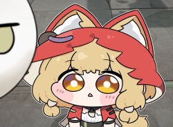  1girl 1other :< animal_ears animal_hood arknights arknights:_endfield beleullin blonde_hair blush blush_stickers chibi commentary_request ears_through_headwear highres hood hood_up korean_commentary official_alternate_costume red_hood rossi_(arknights) tail triangle_mouth upper_body wolf_ears wolf_girl yellow_eyes 