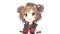  1girl black_sailor_collar blush bow bowtie brown_hair corrected_aspect_ratio dot_nose double_bun emblem game_asset hair_bun hair_ornament hairclip highres looking_at_viewer marikawa_kumi non-web_source official_art plaid_bow plaid_bowtie plaid_clothes red_bow red_bowtie resized sailor_collar school_star_dream! school_uniform self-datamine short_hair short_sleeves simple_background smile solo swept_bangs transparent_background upper_body 