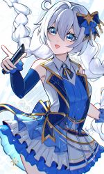  1girl absurdres ahoge alternate_costume blue_bow blue_dress blue_eyes bow braid breasts commentary_request cutescookie detached_sleeves dress hair_bow highres honkai_(series) honkai_impact_3rd idol kiana_kaslana long_hair medium_breasts open_mouth simple_background smile solo twin_braids very_long_hair white_background white_hair 