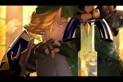  2boys blonde_hair earrings ganondorf gerudo green_tunic highres hylian_shield jewelry link male_focus master_sword multiple_boys pointy_ears reflection shield the_legend_of_zelda the_legend_of_zelda:_ocarina_of_time togenasi_furiko triforce tunic 