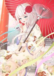  1girl absurdres blue_eyes braid commission em_0801 floral_print floral_print_kimono flower hair_flower hair_ornament hair_ribbon highres holding holding_umbrella indie_virtual_youtuber japanese_clothes kazenone_tetora kimono long_hair long_sleeves low-braided_long_hair low-tied_long_hair oil-paper_umbrella open_mouth pavement pink_ribbon print_kimono red_flower red_umbrella ribbon second-party_source sitting smile solo twintails umbrella virtual_youtuber white_hair wide_sleeves yellow_kimono 