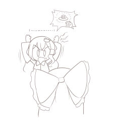  2girls bow commentary detached_sleeves english_commentary frilled_bow frills frog_hair_ornament greyscale hair_bow hair_ornament hair_tubes hakurei_reimu highres kochiya_sanae mata_(matasoup) monochrome multiple_girls open_mouth single_hair_tube speech_bubble sweatdrop touhou ufo 