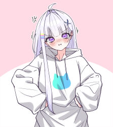  1girl :i ahoge anger_vein ayatsuno_yuni blush chacha_(chacha0) commentary_request cross-shaped_pupils dot_nose grey_hoodie hair_intakes hair_ornament hands_on_own_hips head_tilt highres hood hood_down hoodie korean_commentary long_hair long_sleeves looking_at_viewer motion_lines nose_blush outline oversized_clothes pink_background pink_outline pout print_hoodie solo stellive straight_hair symbol-shaped_pupils two-tone_background upper_body violet_eyes virtual_youtuber x_hair_ornament 