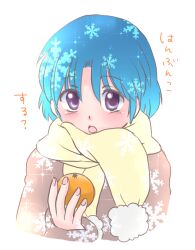  1girl blue_hair commentary food fruit hanamutsuki holding holding_food holding_fruit open_mouth pink_lips ranma_1/2 scarf short_hair snowflake_print solo tendou_akane translation_request untranslatable_commentary upper_body violet_eyes yellow_scarf 